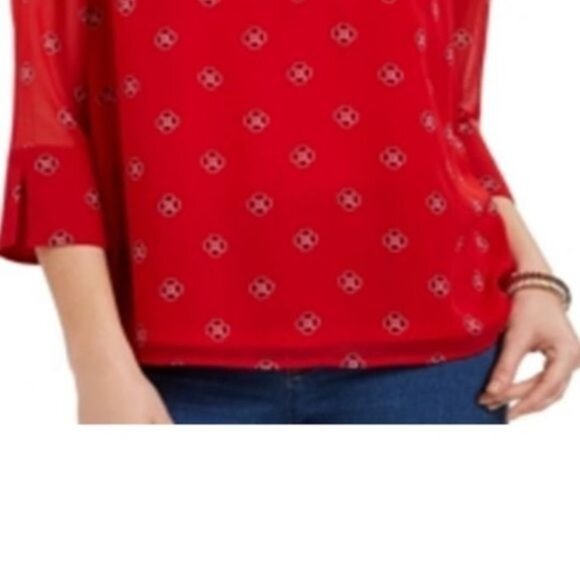 Charter Club Red Floral Print Split-Neck Top With 3/4 Sleeves Womens L Polyester - Picture 8 of 9